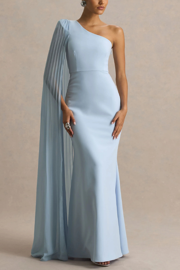 Solid Color Slanted Neckline Pleated Slim-fitting Elegant Maxi Dress