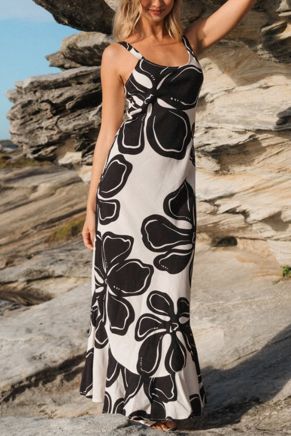 Color-blocked Floral Print Sleeveless Slim-fit Elegant Ruffled Hem Maxi Dress | Consonak