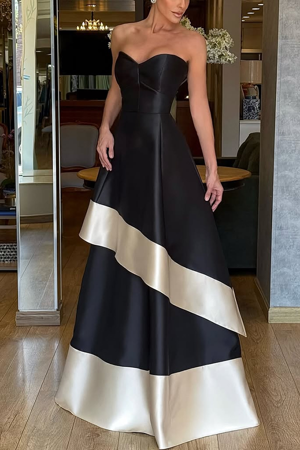 Vivian Satin Contrast Color Sweetheart Bandeau Neck Pocket Layered Maxi Dress-consonak