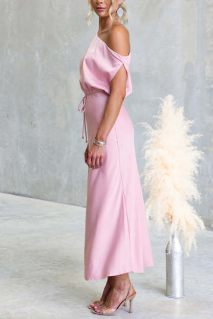 Solid Color One-shoulder Sleeveless Belted Casual Maxi Dress