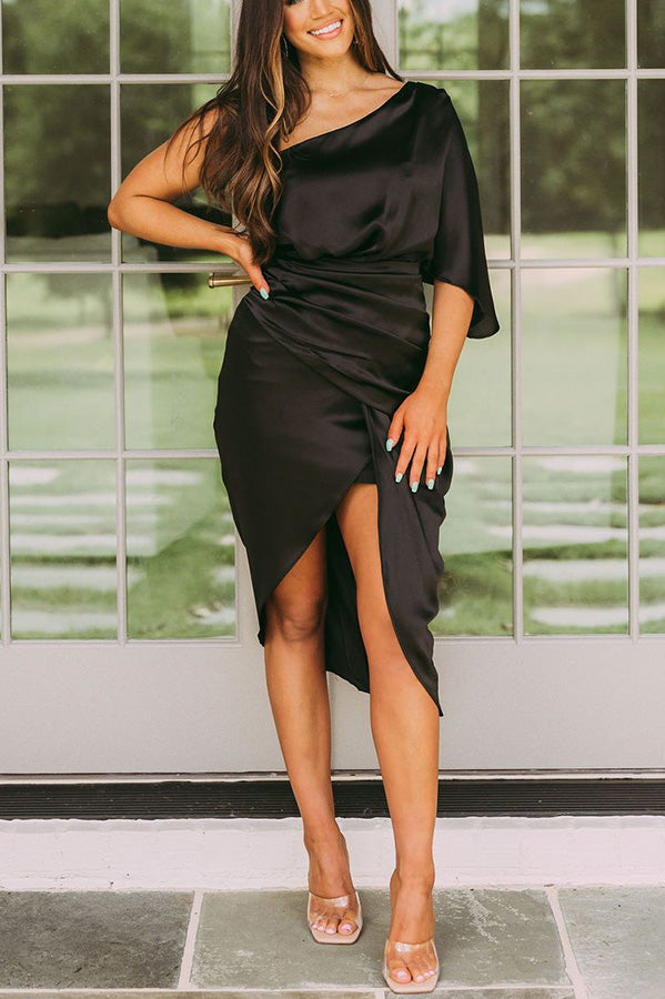 Glam Expectations One Shoulder Satin Drape Dress-consonak