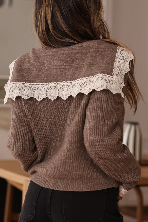 Fashionable Lace-trimmed Sailor Collar Casual Knit Cardigan-consonak