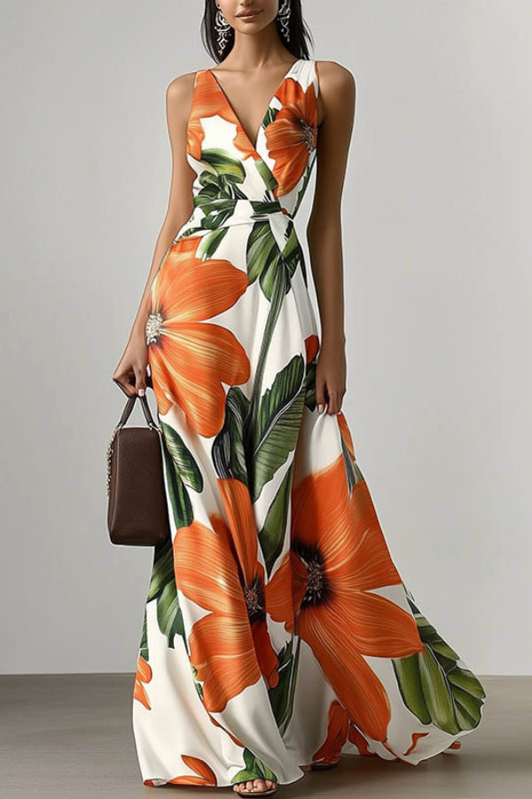 Floral Print V-neck Sleeveless Fitted Waist Vacation Maxi Dress-consonak