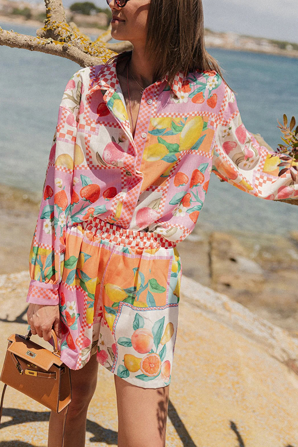 Leisurely Outings Summer Fruit Print Loose Long Sleeve Shirt and Elastic Waist Pocket Shorts Set-consonak