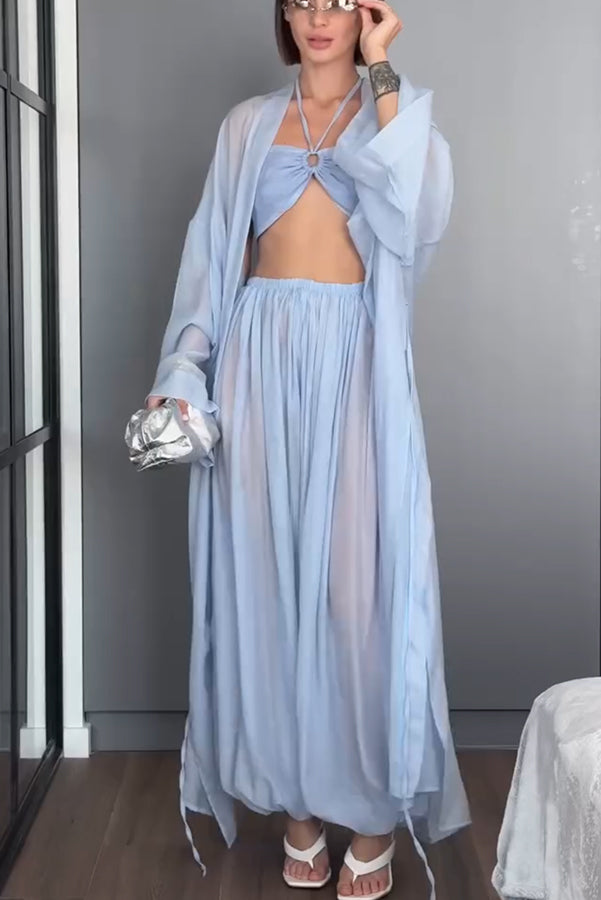 Flowy Linen Blend Halter Tank & Elastic Waist Tie-up Wide Leg Pants & Kimono Cover-Ups 3pieces Set