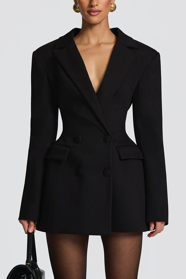 Elvira Double-breasted Long Sleeve Adjustable Back Belt Lapel Blazer Mini Dress-consonak