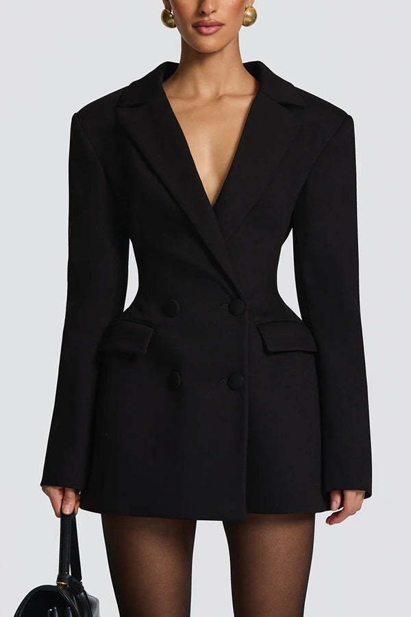 Elvira Double-breasted Long Sleeve Adjustable Back Belt Lapel Blazer Mini Dress-consonak