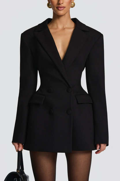 Elvira Double-breasted Long Sleeve Adjustable Back Belt Lapel Blazer Mini Dress-consonak