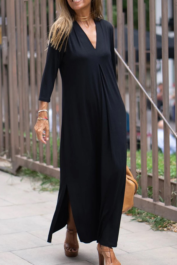 Solid Color V-neck Casual Slit Maxi Dress-consonak