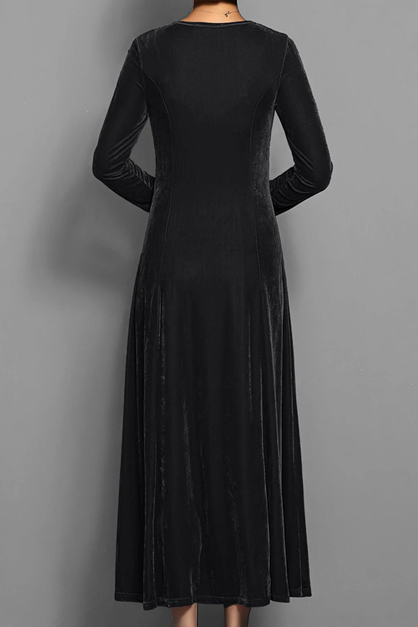 Solid Color Velvet Round Neck Long Sleeve Slim Midi Dress-consonak