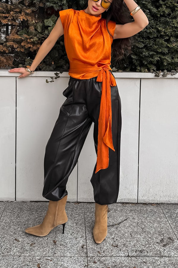 L'Aura Padded-Shoulder Wrap-Around Satin Top-Consonak