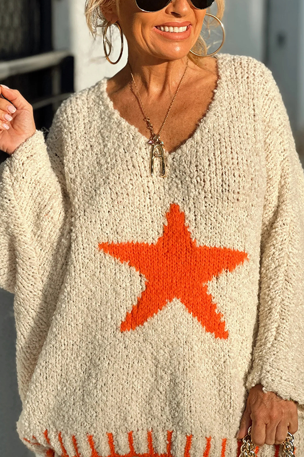 Warm Winter Day Texture Knit Star Pattern Contrast Color Loose Sweater-consonak