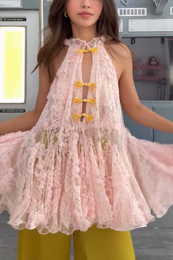 Cheongsam Style Lace Stand Neck Knots Button Ruffle Flare Hem Top