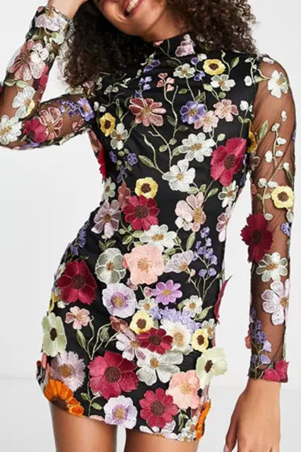 Elegantly Enchanted Floral Applique Backless Long Sleeve Mini Dress | Consonak