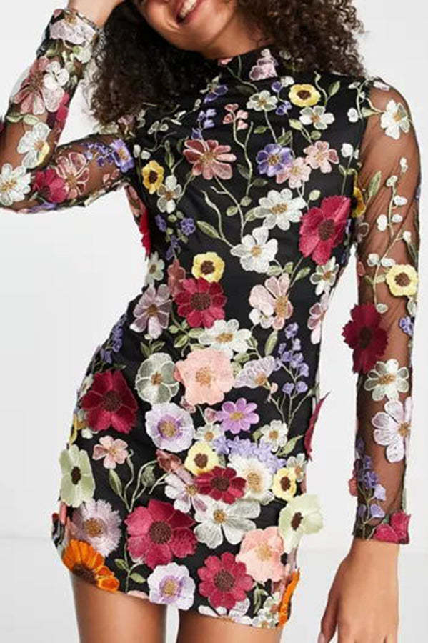 Elegantly Enchanted Floral Applique Backless Long Sleeve Mini Dress-consonak