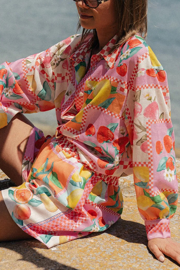Leisurely Outings Summer Fruit Print Loose Long Sleeve Shirt and Elastic Waist Pocket Shorts Set-consonak