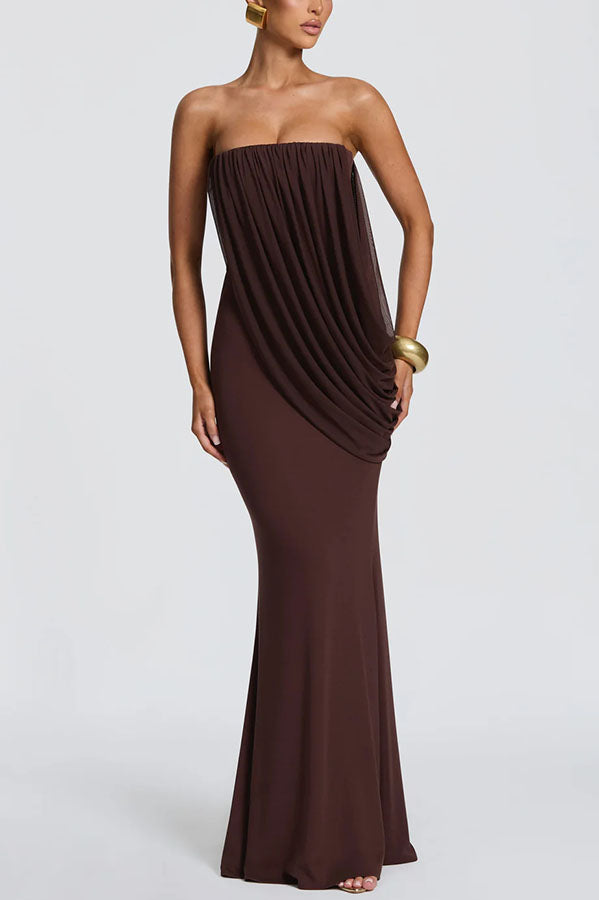 Vienna Modal Jersey Ruched Asymmetric Draped Mesh Strapless Maxi Dress
