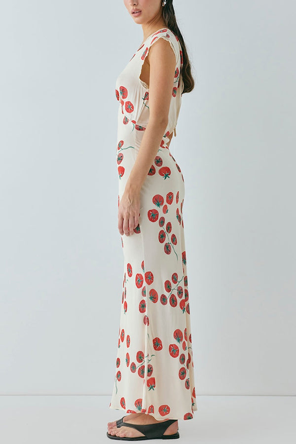 Vintage Inspired Tomato Print Lace Trim Open Back Tie-up Maxi Dress