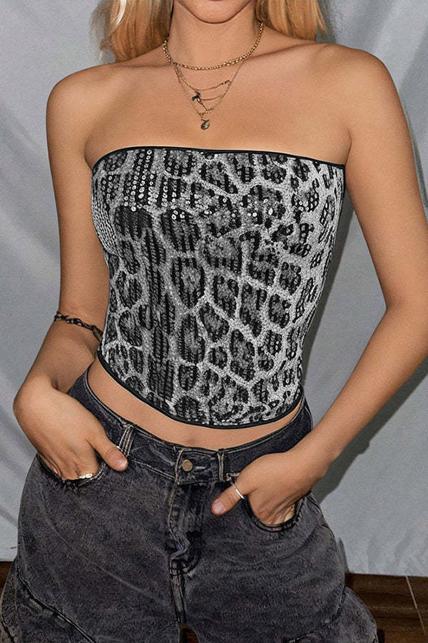 Sexy Sequined Leopard Print Off-shoulder Fitted Crop Top-consonak
