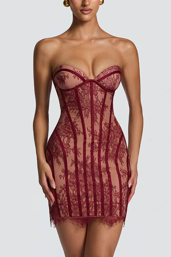 Jaya Floral Lace Contrast Structural Detail Back Lace-up Strapless Slit Maxi Dress | Consonak