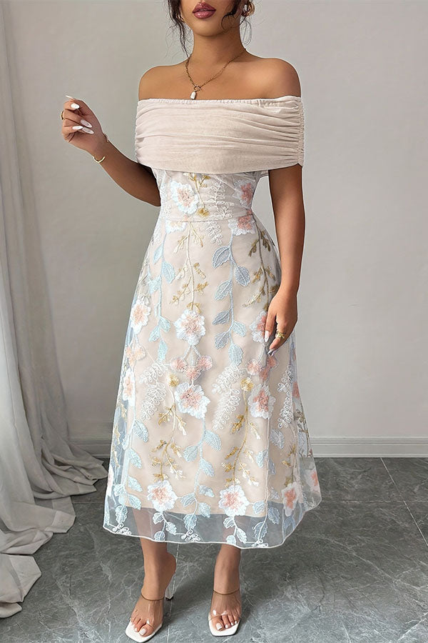 Elegant Ruched Off-Shoulder Floral Appliqué Midi Dress-Consonak