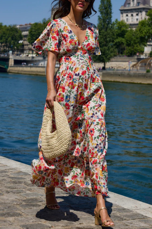 Floral Print V-neck Short-sleeved Elegant Fitted Waist Maxi Dress