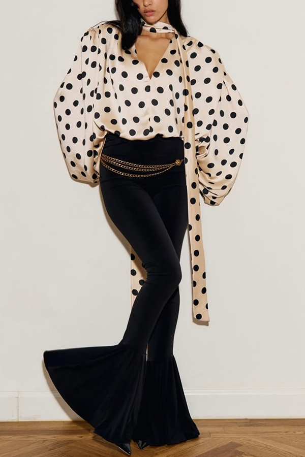 Chrissa Satin Polka Dot Print Lace Trim Tie-up Neck Balloon Sleeve Loose Blouse | Consonak