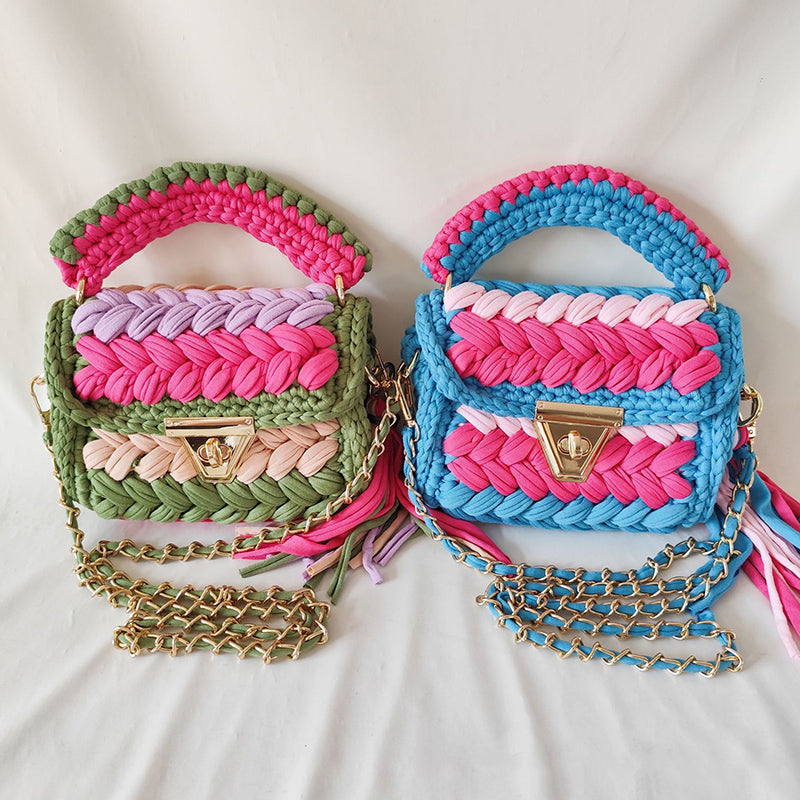 Contrast Color Stitching Braided Chain Tassel Bag-consonak