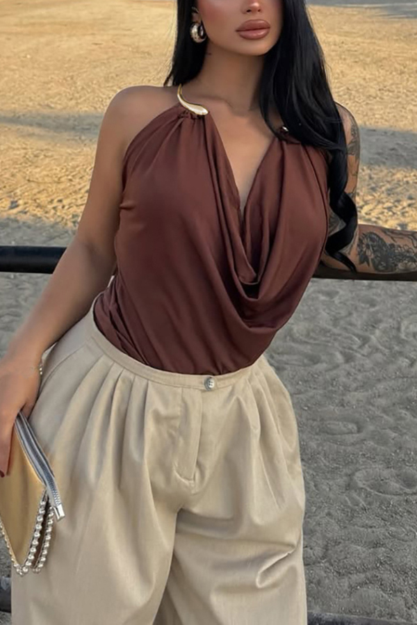 Fashionable Metal Ring Halter Neck Backless Draped Sleeveless Top