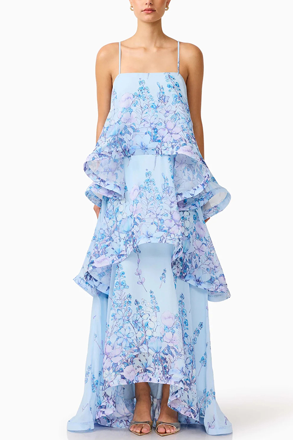 Armani Georgette Fabric Floral Print Tiered Slip Square Neck A-line Maxi Dress