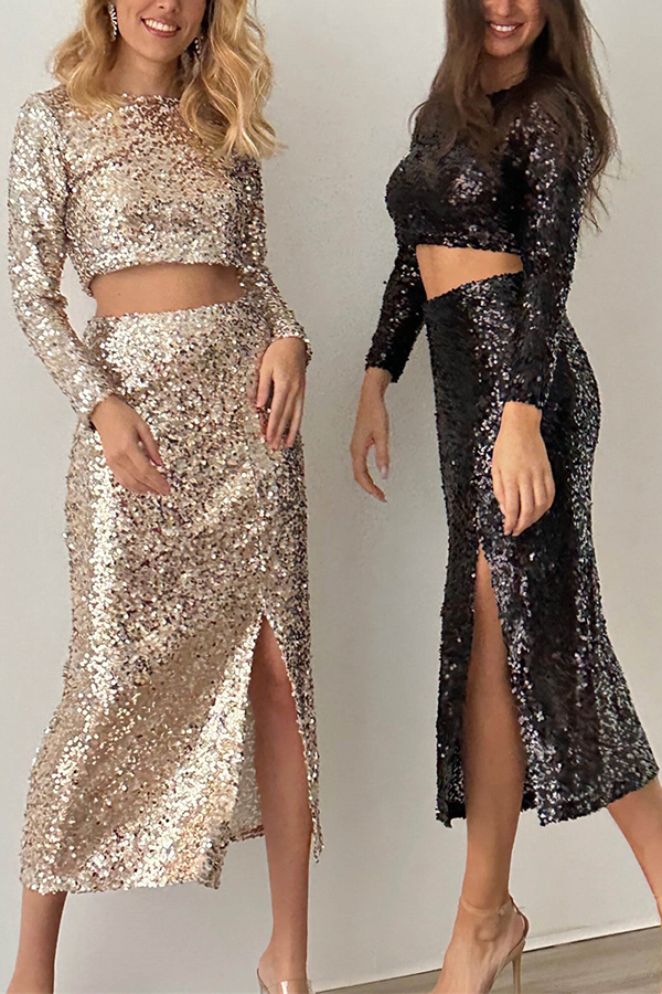 Solid Sequined Long-sleeved Crop Top and Sexy Slit Midi Skirt Set-consonak