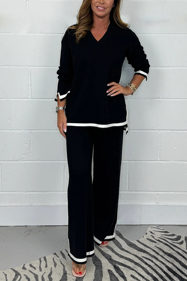 Solid Color V-neck Long-sleeved Loose Top and Elastic Waist Wide-leg Pants Set-consonak
