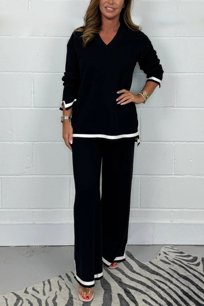 Solid Color V-neck Long-sleeved Loose Top and Elastic Waist Wide-leg Pants Set-consonak