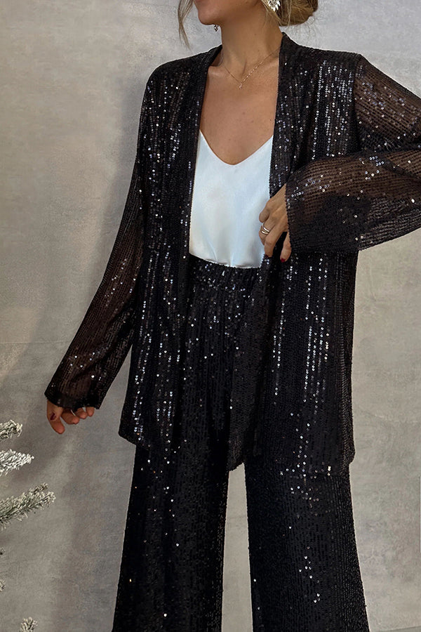 Party Scene Sequin Open Front Long Sleeve Drape Coat-consonak