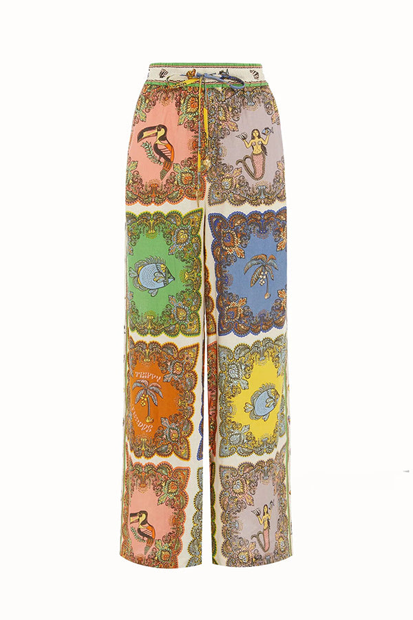 Sunny Delights Linen Blend Mermaid Print Elastic Waist Pocketed Wide Leg Pants-consonak