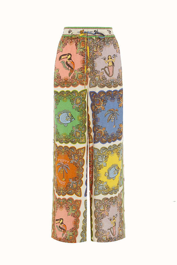 Sunny Delights Linen Blend Mermaid Print Elastic Waist Pocketed Wide Leg Pants-consonak