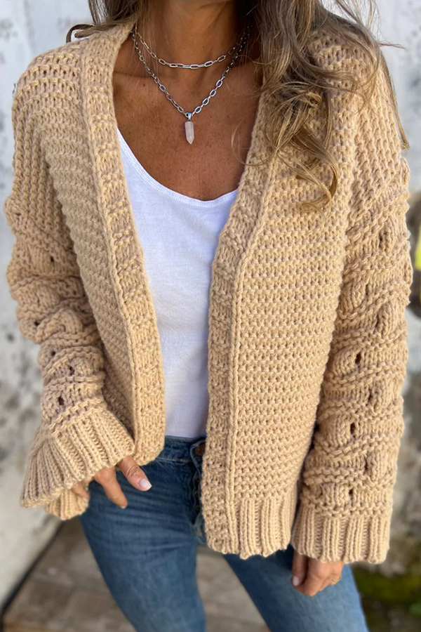 Fashion Knit Solid Color V-neck Long-sleeved Cardigan-consonak
