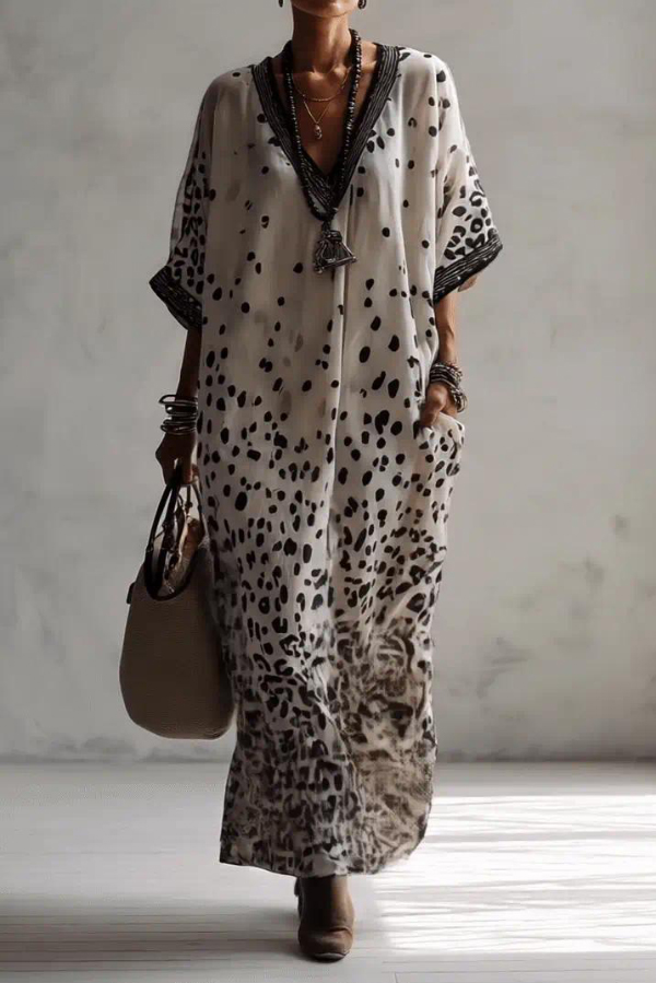 Unique Print V-Neck Half Sleeve Loose Casual Maxi Dress | Consonak