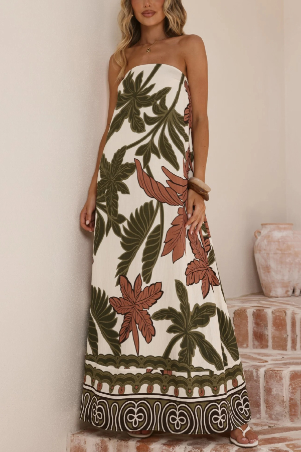Botanical Print Sleeveless Off-shoulder Resort-style Loose Maxi Dress-consonak