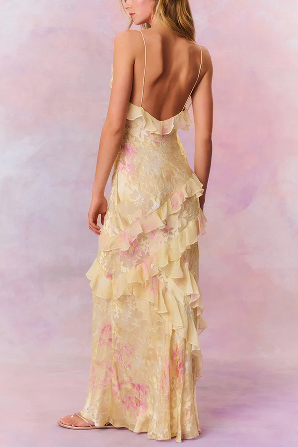 Multicolor Tie-dye Sexy Backless Wave-hem Strap Maxi Dress-consonak