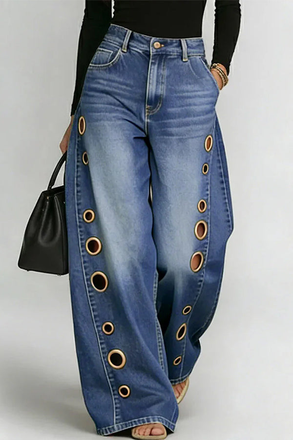 High-Street Edgy Eyelet Cut-Out Baggy Jeans-Consonak