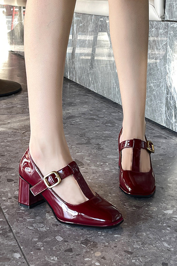 Square Toe Mary Jane Block Heel Retro High Heels-consonak