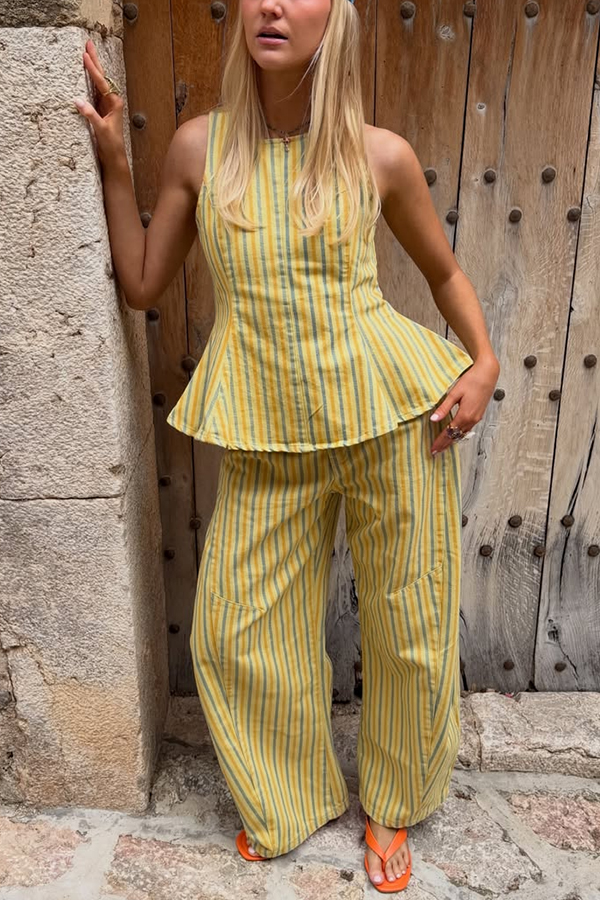 City Outfit Striped Peplum Hem Top and Elastic Waist Pocket Wide Leg Pants Set | Consonak