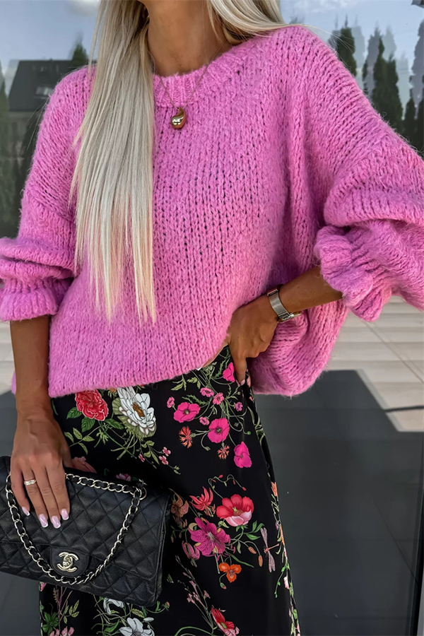 Solid Color Round Neck Ruffled Long Sleeve Knitted Sweater-consonak