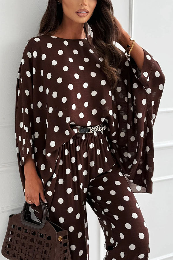 Verne Linen Blend Polka Dot Batwing Sleeve Top and Elastic Waist Pocket Loose Pants Set | Consonak