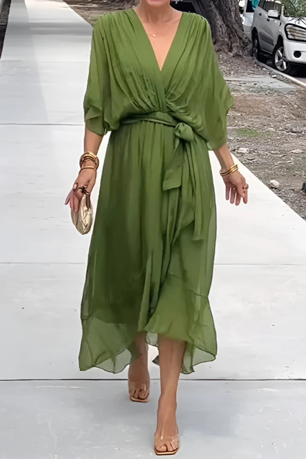 Solid Color V-neck Bat Sleeve Lace-up Irregular Hem Midi Dress-consonak