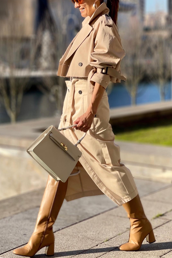 Work Style Lapel Long Sleeve Jacket and Button Belt Pocketed Slit Midi Skirt Set | Consonak