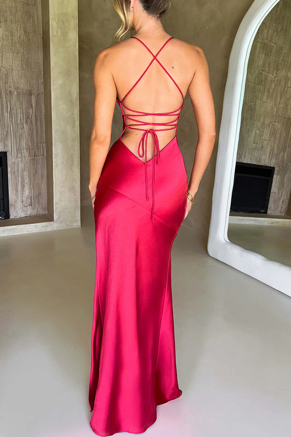Satin Solid Color Sexy Backless Lace Up High Slit Maxi Dress-consonak