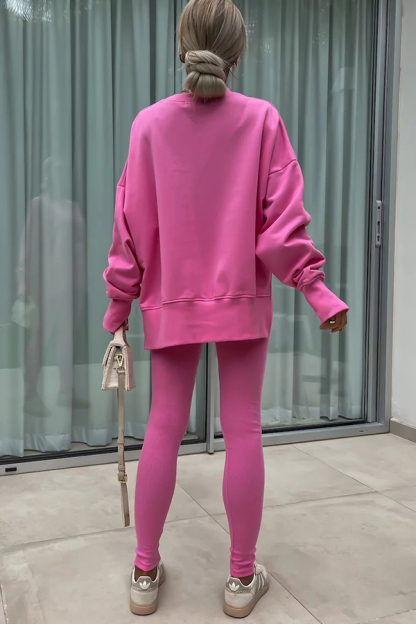 Solid Color Loose Long Sleeve SlitSweatshirt and Elastic Waist Tight Pants Set-consonak