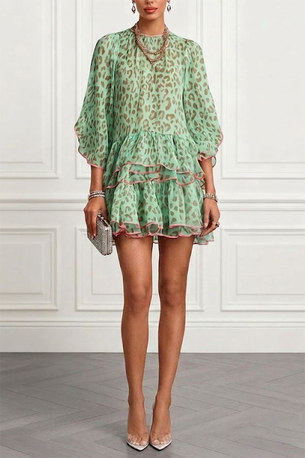 Amara Green Leopard Print Tiered Ruffle Mini Dress-Consonak